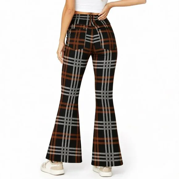 American Eagle Plaid Bootcut Flare Pants | Super High Rise | Black & Brown - Picture 2 of 4